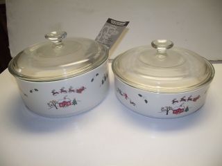 2 Covered Casseroles Bakers Pfaltzgraff Snow Village Christmas
