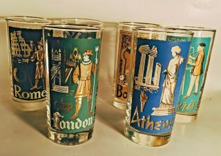 6 Vtg Libbey Cities Of The World Glass Tumblers Drinking Glasses Rome Paris Etc