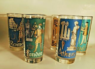 6 Vtg Libbey Cities of the World Glass Tumblers Drinking Glasses Rome Paris etc 2