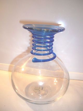 Vintage Blenko Art Glass Hand Blown Vase Clear With Blue Swirl