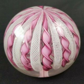Vintage Murano Art Glass Pink White Twisted Candy Ribbons Latticino Papperweight