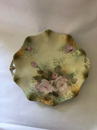 Rs Prussia Pink Rose Open Handle Cake Plate Yellow Gold 11 " Porcelain Antique