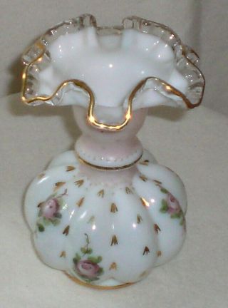 Vintage Fenton Art Glass Hand Painted Charleton Silver Crest Melon Vase