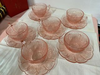 Jeannette Usa Cherry Blossom Pink 6 Cups & Saucers Depression Glass