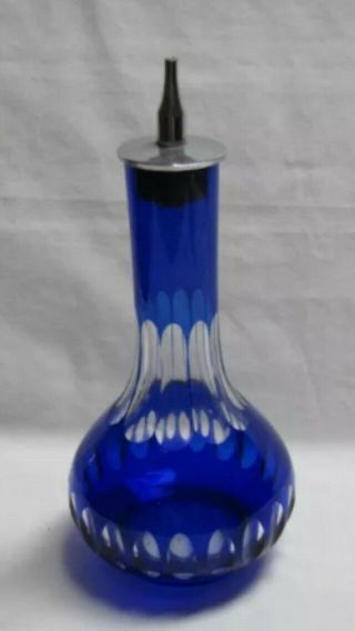Antique Cobalt Blue Cut To Clear Glass Barber Shop Bottle With Lid 1880 - 1920 