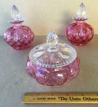 Fenton Cranberry Diamond Optic Melon Glass Vanity Set,  Powder Jar With 2 Bottles