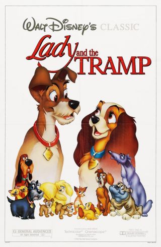 Lady And The Tramp (1955) Movie Poster - Re - Release 1986 - Folded