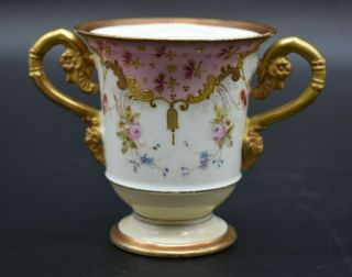 Old Paris French Empire Style Pink Flowers & Gold 3 1/4 " Footed Bouillon Cup