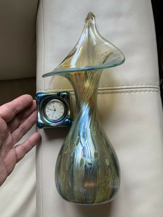 Vintage Alum Bay Isle Of Wight Iridescent Colourful Art Glass Vase And Clock Set