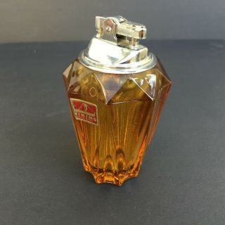 Vintage Mid Century Modern Viking Glass Amber Rhombic Cigarette Lighter W/label
