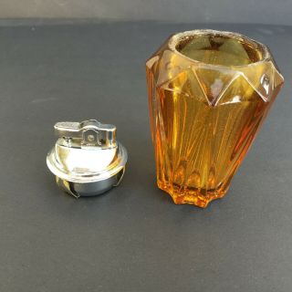 Vintage Mid century Modern Viking Glass Amber Rhombic Cigarette Lighter w/Label 2