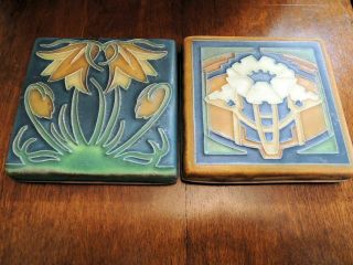 Motawi Tiles - 1 Ladybell And1 Poppy In Slate Blue With Green Arts & Craft