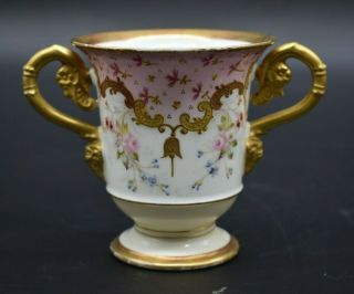 Old Paris French Empire Style Pink Flowers & Gold 3 1/4 " Footed Bouillon Cup B