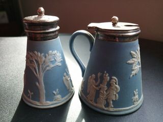 Vintage Wedgwood Blue And White Jasperware Pewter Lidded Jug And Pepper Pot