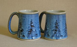 Potterybydave - Set Of 4 - Tapered Mugs - Blue W Pine Tree And Landscape