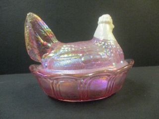 Pink Fenton Hen On Nest Carnival Glass Covered Dish - Tag & Sticker