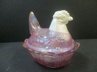 Pink FENTON Hen on Nest Carnival Glass Covered dish - Tag & Sticker 2