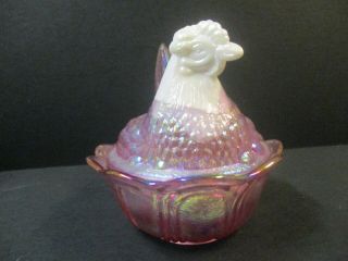 Pink FENTON Hen on Nest Carnival Glass Covered dish - Tag & Sticker 3