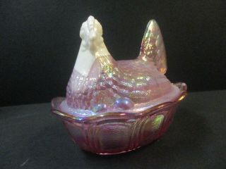 Pink FENTON Hen on Nest Carnival Glass Covered dish - Tag & Sticker 4