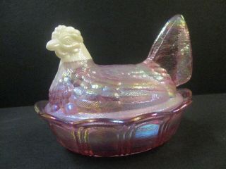 Pink FENTON Hen on Nest Carnival Glass Covered dish - Tag & Sticker 5