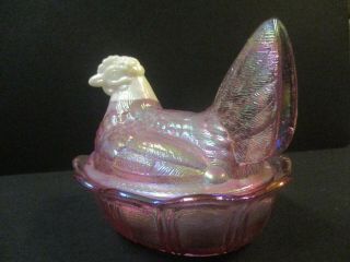 Pink FENTON Hen on Nest Carnival Glass Covered dish - Tag & Sticker 6