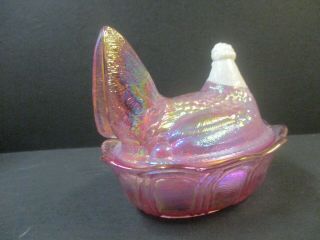 Pink FENTON Hen on Nest Carnival Glass Covered dish - Tag & Sticker 8