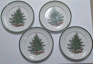Set Of 4 Cuthbertson Christmas Tree Wide Green Band Dinner Plates 10 "