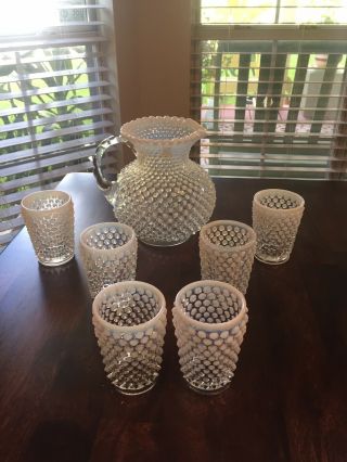 Fenton Or Anchor Hocking Hobnail Moonstone Pitcher And 6 Glasses
