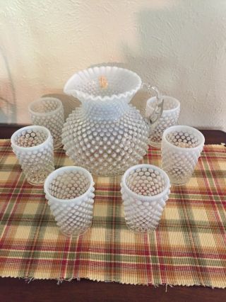 Fenton Or Anchor Hocking Hobnail Moonstone Pitcher And 6 Glasses 2