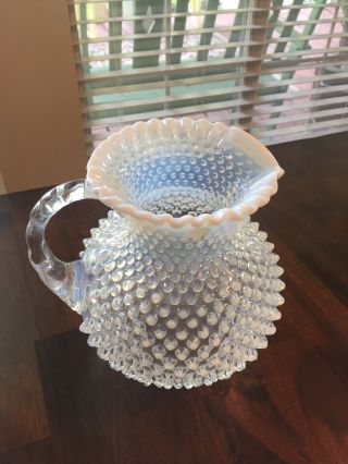 Fenton Or Anchor Hocking Hobnail Moonstone Pitcher And 6 Glasses 3