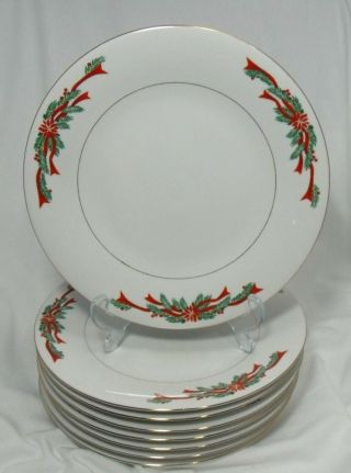 Poinsettia & Ribbons Fine China 10.  5 " Dinner Plates Set Of 8