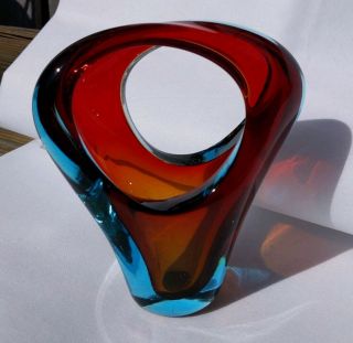 Vintage Murano Art Glass Sculpture Red,  Blue,  Orange,  Clear 7 " High,  7 " Wide