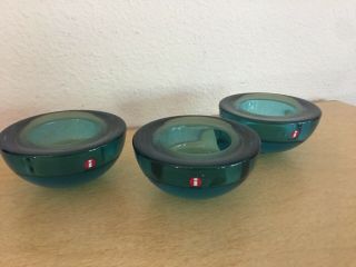 Set 3 Iittala Ballo Teal Glass Votive Candle Holders Made In Finland W/label