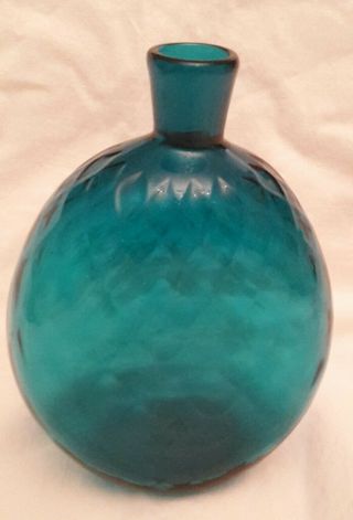 Pairpoint Teal Blue Glass Flask,  Bottle Vase Crosshatch Quilted Design,  Pontil
