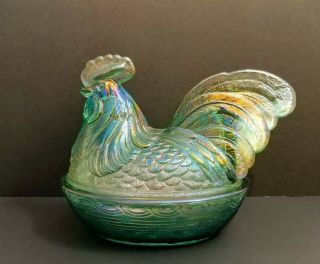 Large Art Glass Fenton Iridescent Hen On Nest Candy Dish Basket