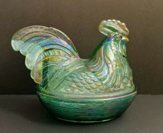 Large Art Glass Fenton Iridescent Hen on Nest Candy Dish Basket 2