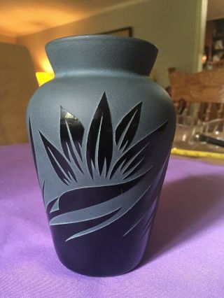 Kelsey Murphy Pilgrim Glass Black Etched Vase Bamboo Leaves,  6.  5 " H Signed