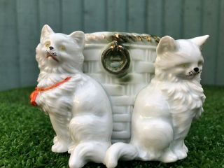 19thc Ceramic Porcelain Basket Vase With Cats To The Front C1890s