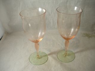 2 Wine Glasses Watermelon Vtg Pink & Green Diamond Optic Elegant