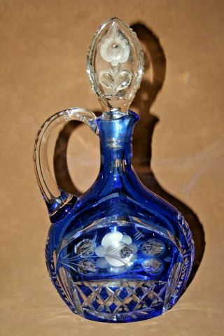 Vintage Imperial 12 " Hand Cut Crystal Rose Decor Cobalt Blue Decanter W/ Stopper