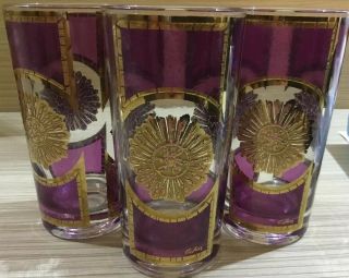 Vtg Culver Highball Glass Set 3 Purple Gold Plum Crest Hollywood Regency