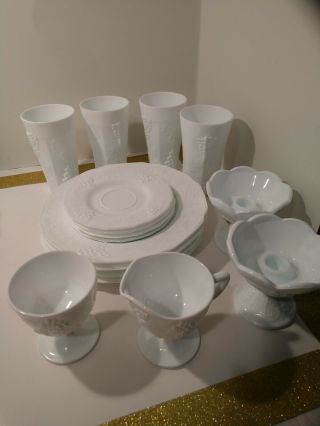 Vintage Indiana Colony Milk Glass Harvest Grape 6 Piece Place setting for 4 Plus 3