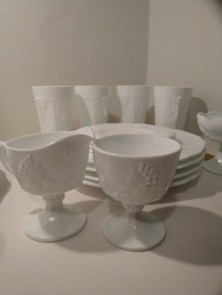 Vintage Indiana Colony Milk Glass Harvest Grape 6 Piece Place setting for 4 Plus 5
