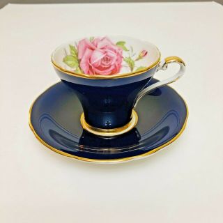 Cobalt Blue Cabbage Rose Teacup And Saucer Aynsley