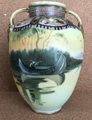 Antique Nippon Hand Painted Indian In Canoe Vase 7 - 1/4”