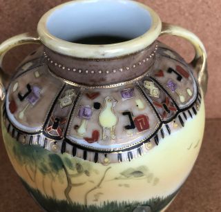 ANTIQUE NIPPON HAND PAINTED INDIAN IN CANOE VASE 7 - 1/4” 3