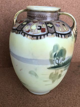 ANTIQUE NIPPON HAND PAINTED INDIAN IN CANOE VASE 7 - 1/4” 4