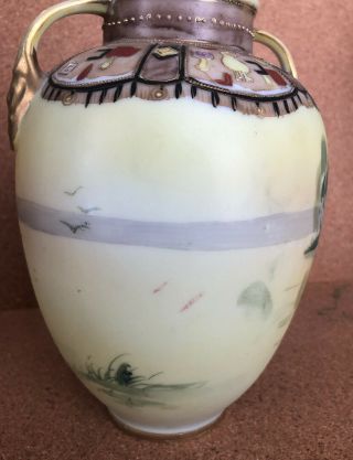 ANTIQUE NIPPON HAND PAINTED INDIAN IN CANOE VASE 7 - 1/4” 6