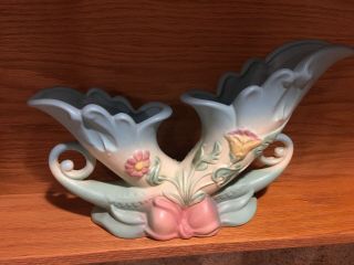 Hull Art Pottery B - 13 - 13 Double Cornucopia Bow Knot Vase Blue Green Pink