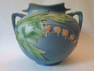 Bulbous Flower Vase Vintage Roseville Art Pottery: Blue Bleeding Heart Pattern
